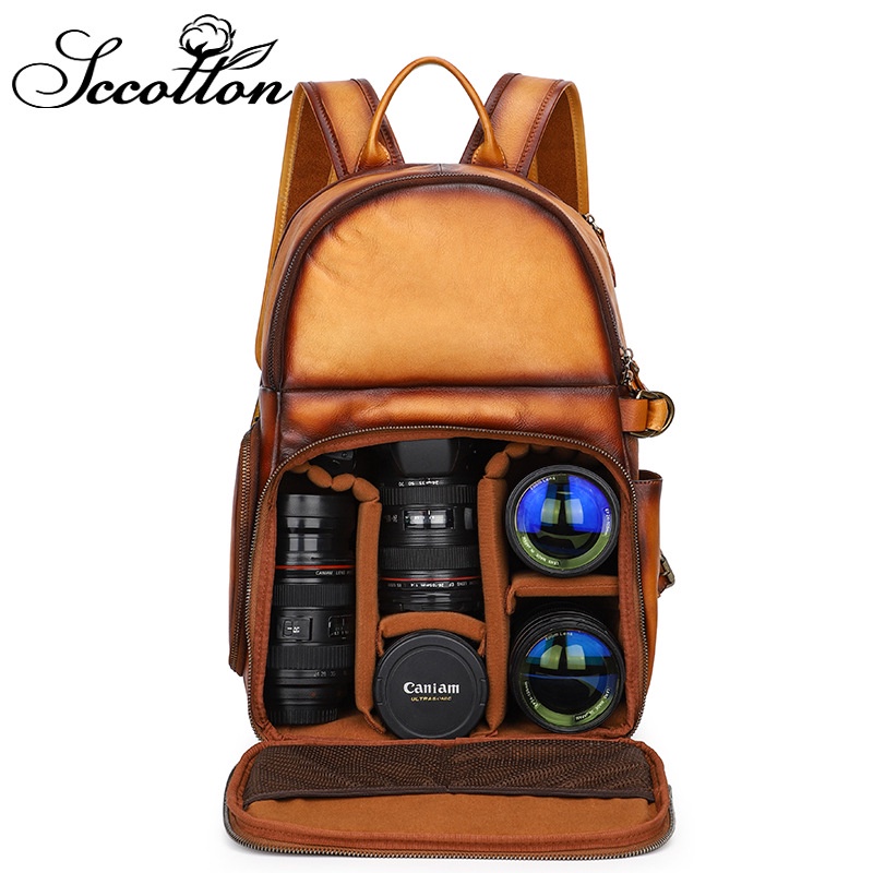 2021  Kulit Sapi Tas Kamera DSLR Vintage Asli Kulit Perjalanan Ransel Besar Kapasitas 15-Inch Komput