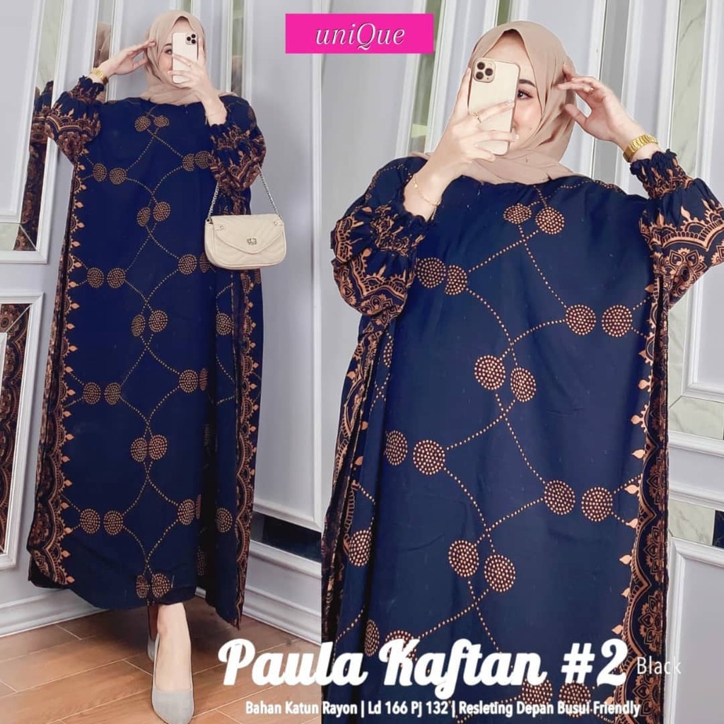 Paula Kaftan Wanita Super Jumbo XXXL Busui Resleting Lengan Panjang 7/8 Motif Sultan Rayon Tebal / Gamis Kaftan