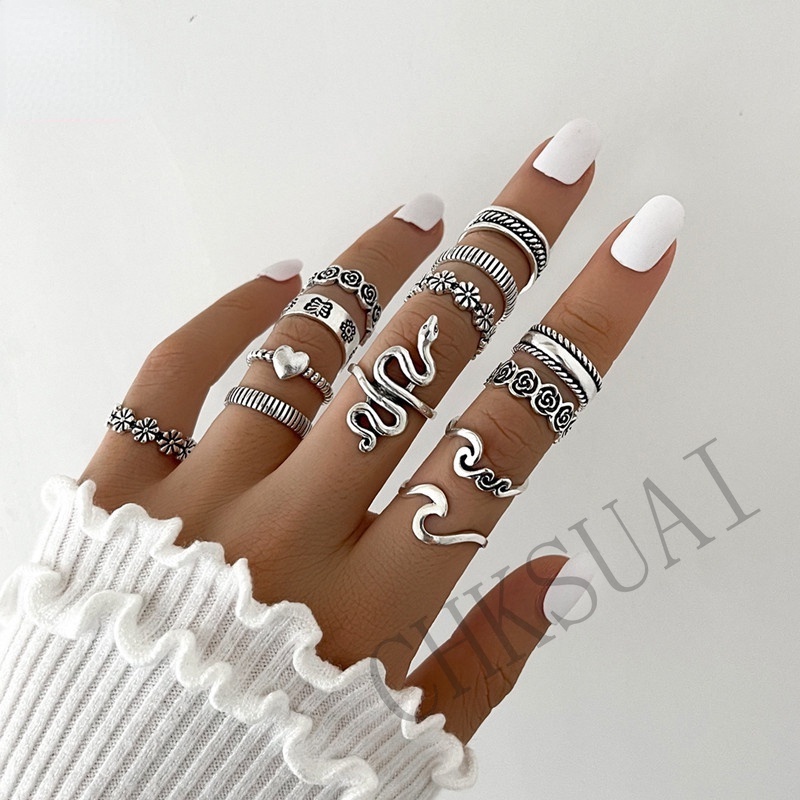 13pcs / set Cincin silver Bentuk Ular / Bunga / Gelombang Gaya Vintage Untuk Wanita