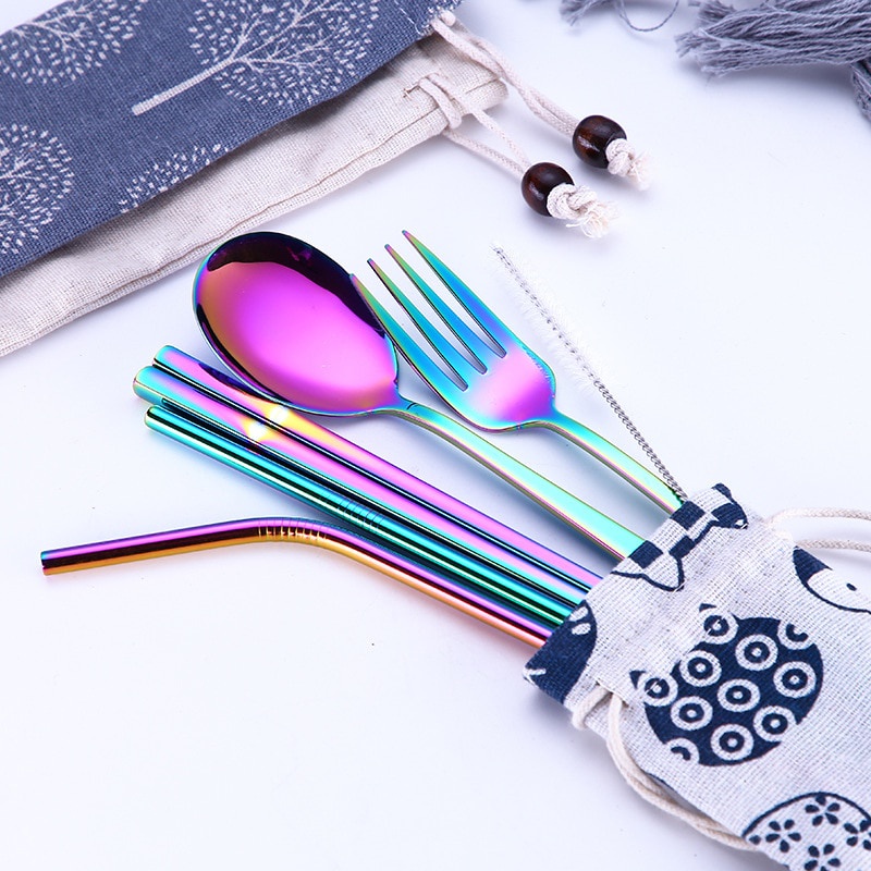 Cutlery Set Peralatan Makan Sendok Garpu Bag Kain Biru 6PCS