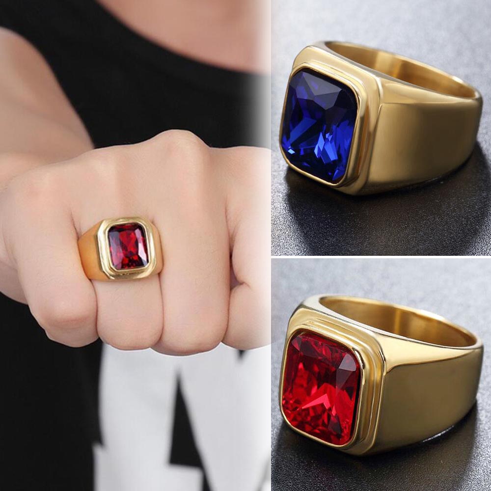 18K Emas Ruby Sapphire Pria Wanita Baja Titanium Dipoles Gaya Sederhana Perhiasan Fashion Kristal Pernikahan Cincin Gold Rings