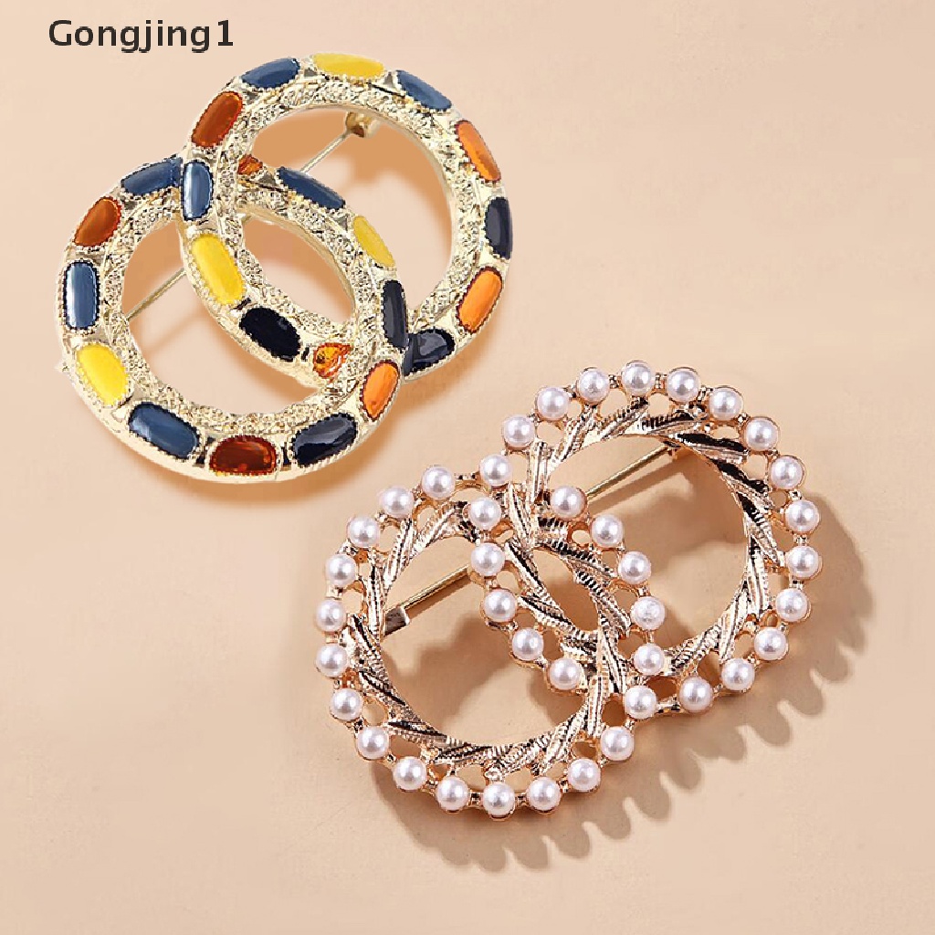 Gongjing1 Bros Pin Enamel Desain Lingkaran Ganda Hias Mutiara Imitasi Warna Warni Untuk Wanita