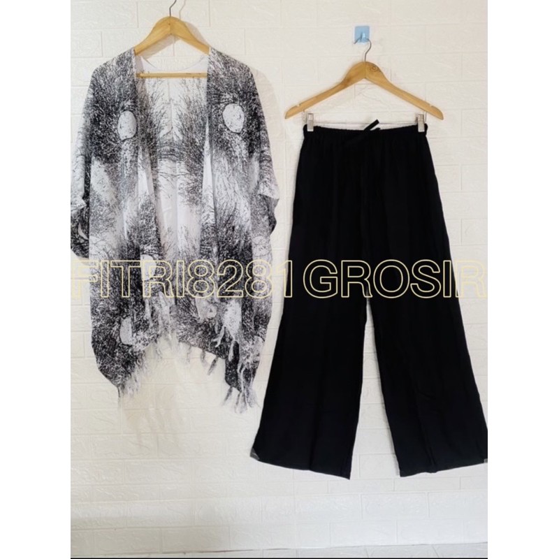 setelan OUTER AKAR&CELANA KULOT POLOS UKURAN ALL SIZE-XXXL-Putih hitam