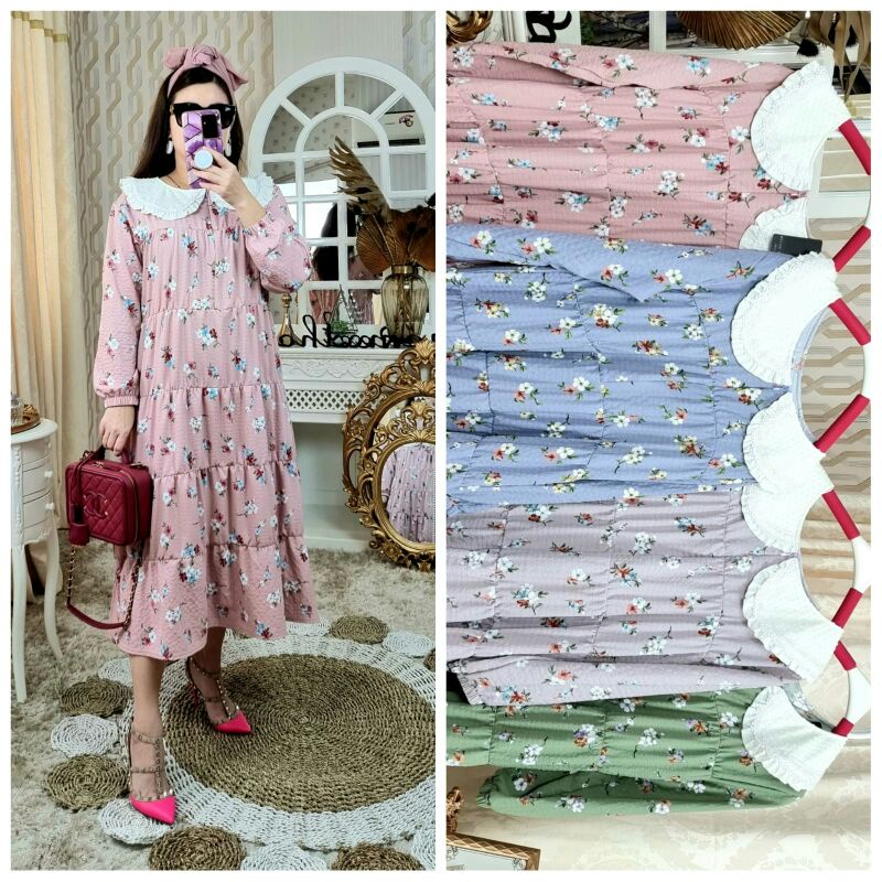Meijiwang Midi Dress bunga Kerah Korea