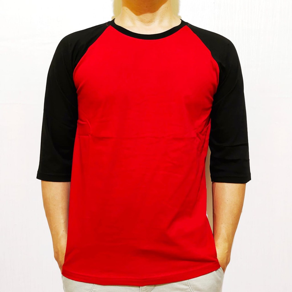 kaos polos reglan merah lengan hitam 3/4 20 22 S M L XL XXL