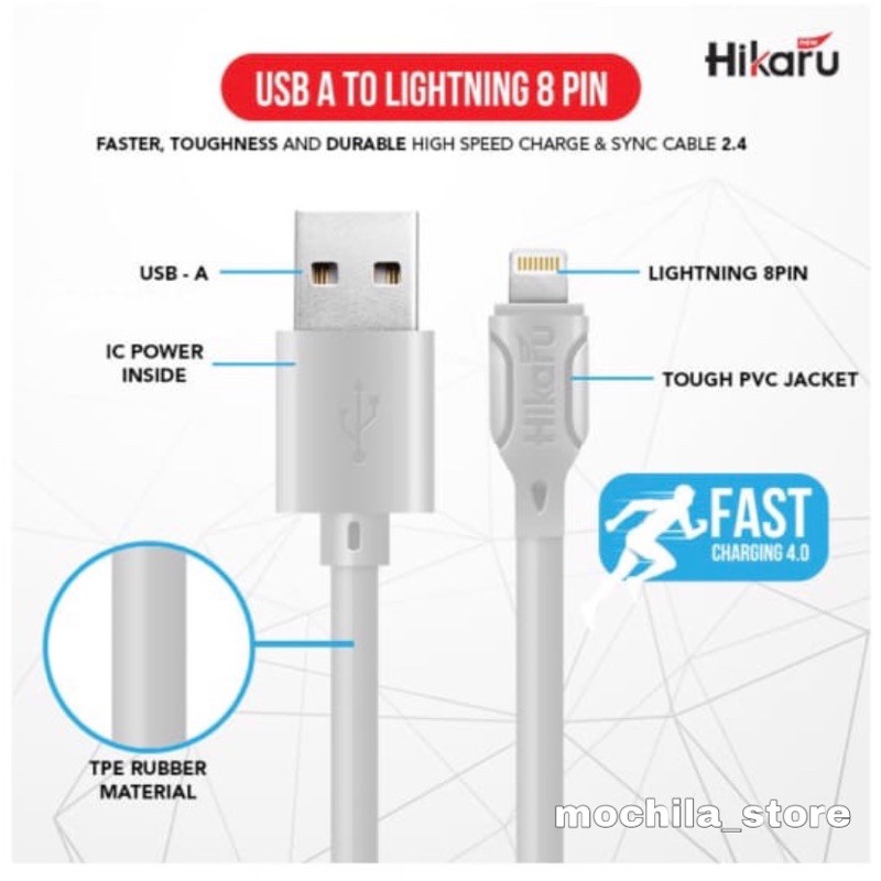 Kabel Data Fast Charging Iphone - Lightning 8 Pin - Dura Fast 2.4A - 1 Meter - Fast Charger - Hikaru