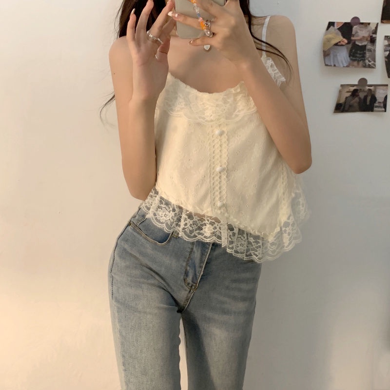 Renda tepi jahitan kamisol putih wanita musim panas gaya Perancis desain dalam gadis kecil hot luar top pendek