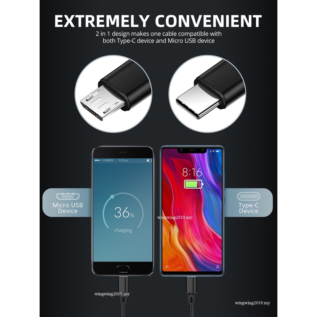 2 in 1 Kabel Charger Micro USB Tipe C Fast Charging Untuk Samsung Xiaomi Android Huawei