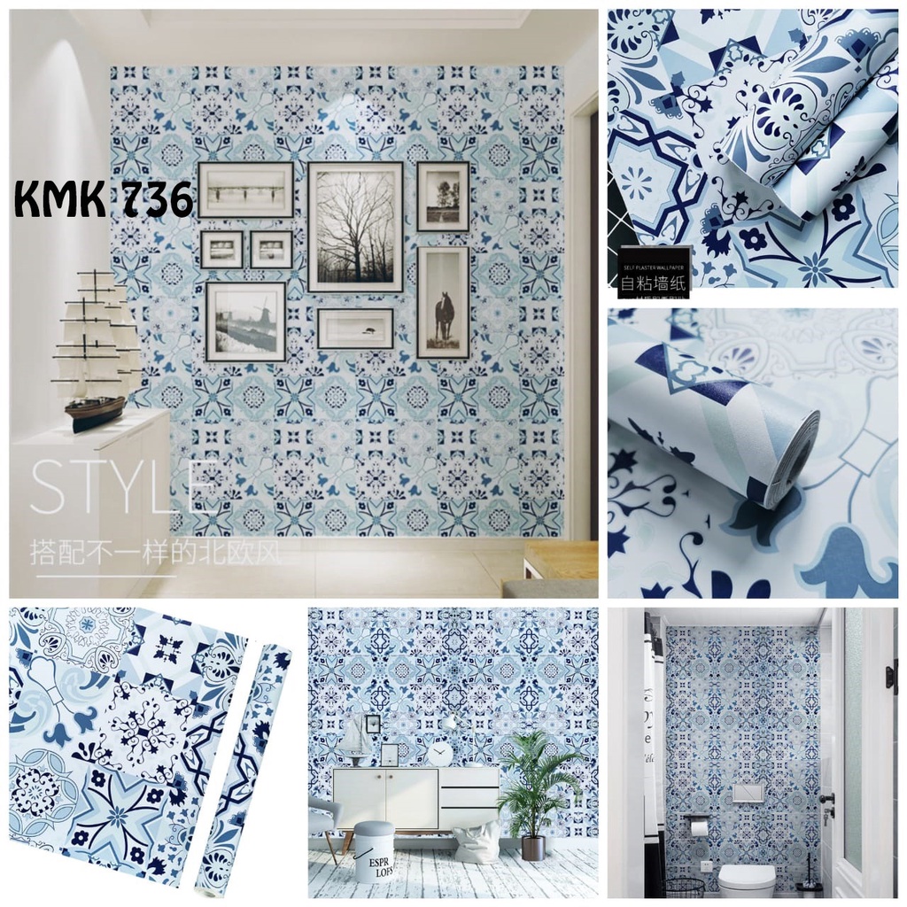 736 Wallpaper Wall Paper Motif Keramik Klasik Biru Coklat Stiker Sticker Setiker Wallsticker Cafe Dinding Dekorasi Rumah Ruang Tamu Keramik Lemari Kitchen Set Dapur Walpaper Welpeper Dekor Tempelan Kramik Kamar mandi Decoration Tegel Tagel Clasic Antik