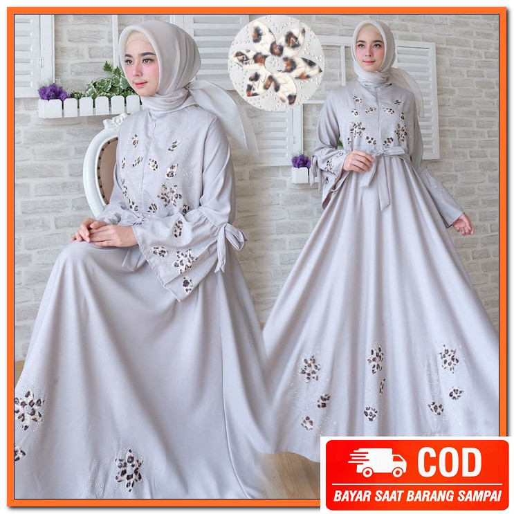 Gamis Syari Brokat Renda Gamis Butiq Mewah Pesta Premium Terbaru  OJ162 [Maxi Flower Real Pic Grey