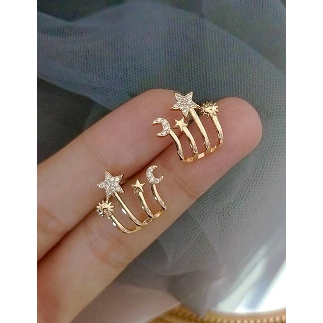 LRC Anting Tusuk Fashion Golden Star Moon Alloy Hollow Earrings K49004