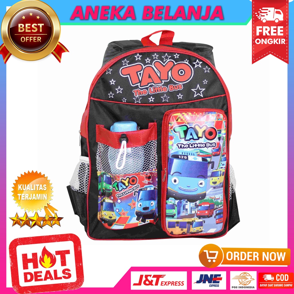 Tas Ransel Anak Sekolah Little Bus Merah / Tas Gendong Cowok Laki Laki | BONUS Botol Minum