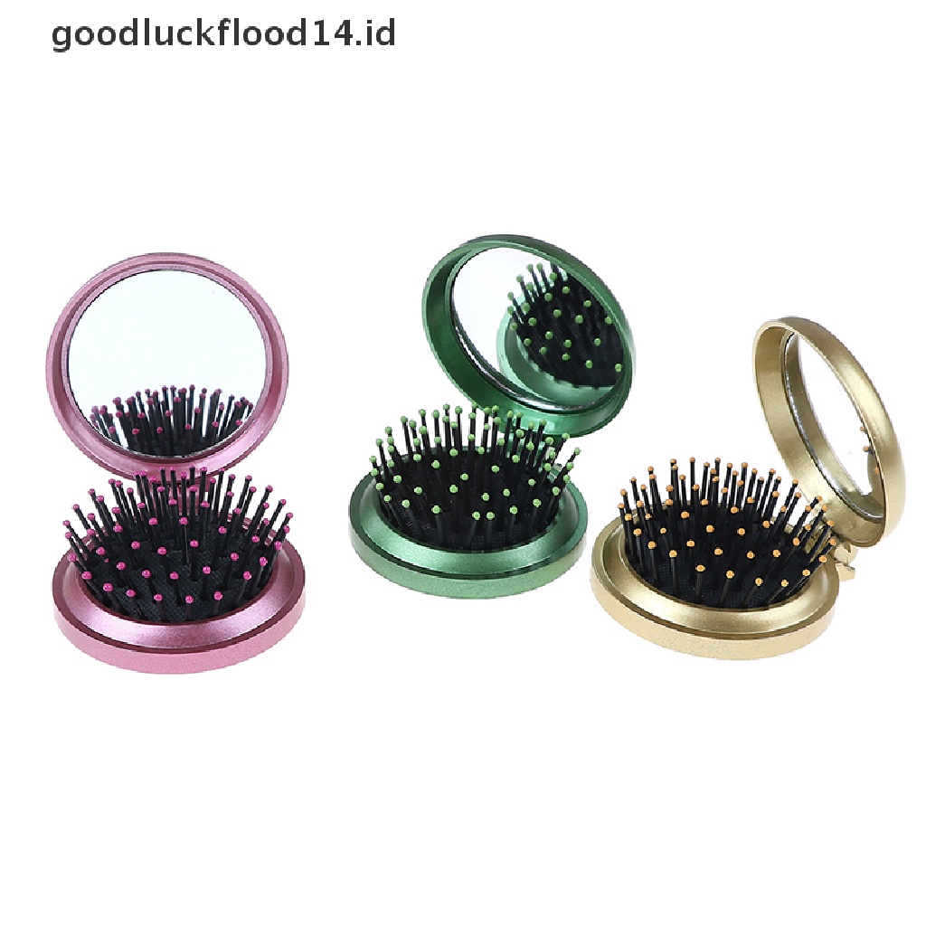 [OOID] Folding massage comb hair brush with mirror compact travel pocket comb ID