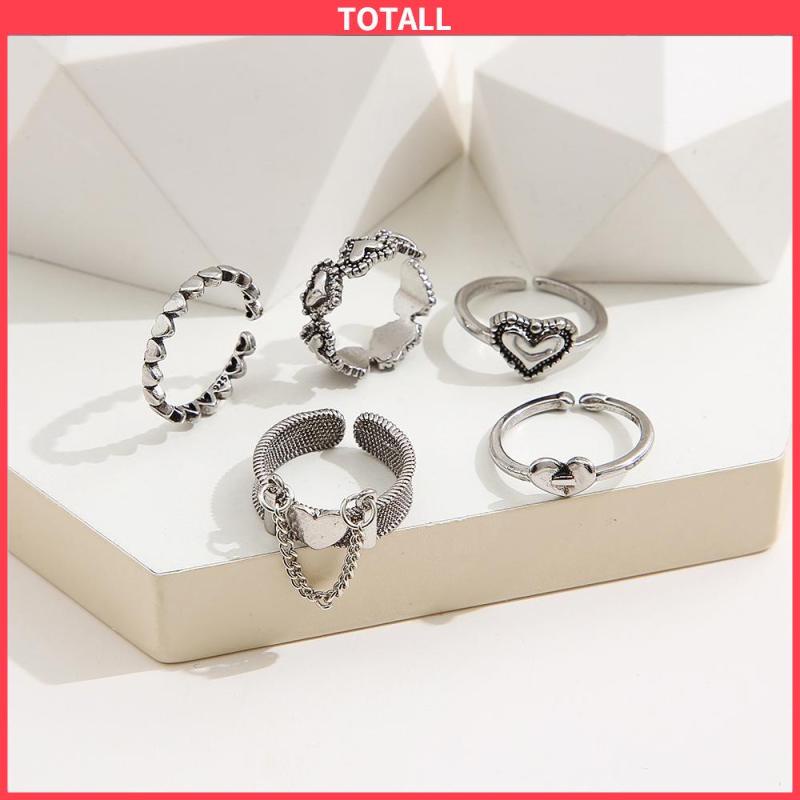 COD Cincin Cinta Terbuka Retro Sederhana Kreatif 5-piece Set Cincin Jari Telunjuk Berongga-Totall