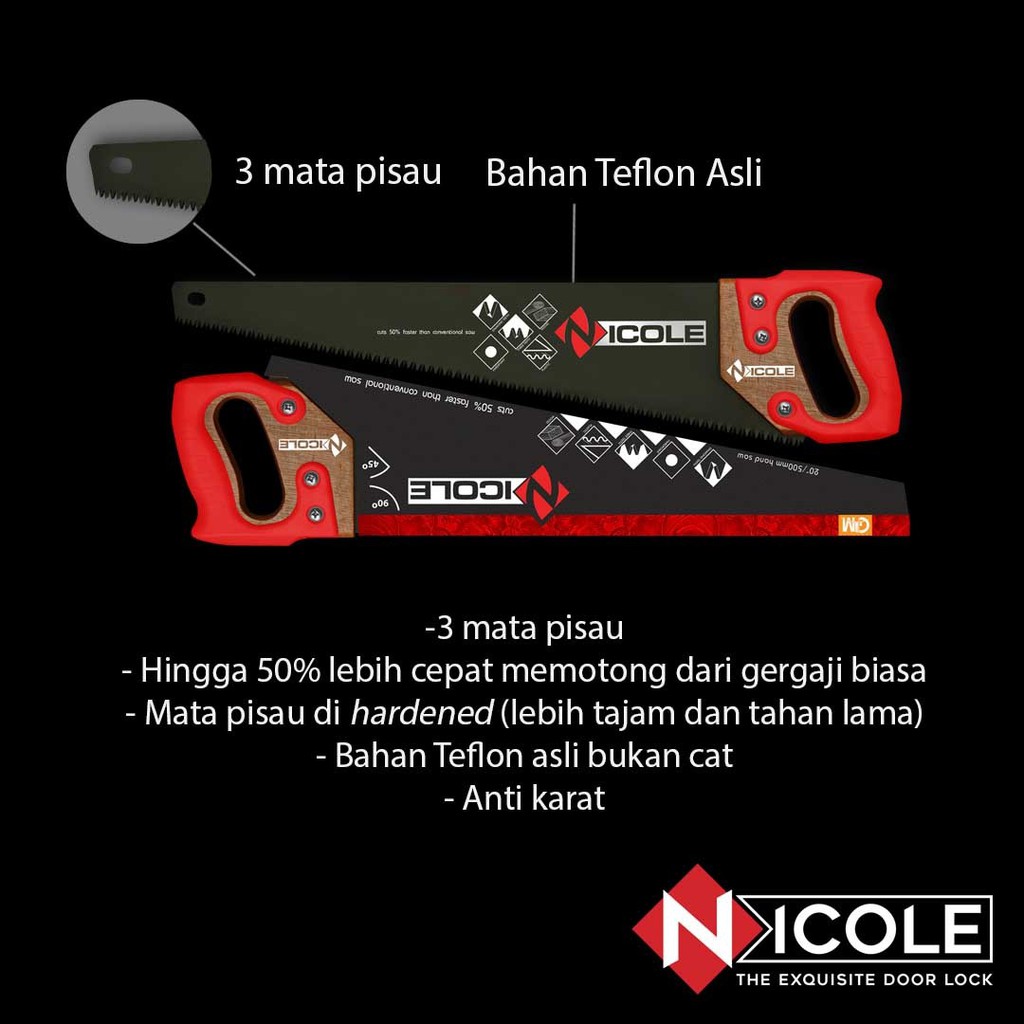 Gergaji Tangan Kayu Teflon Gigi 3 Mata / Hand Saw Gagang Kayu Nicole