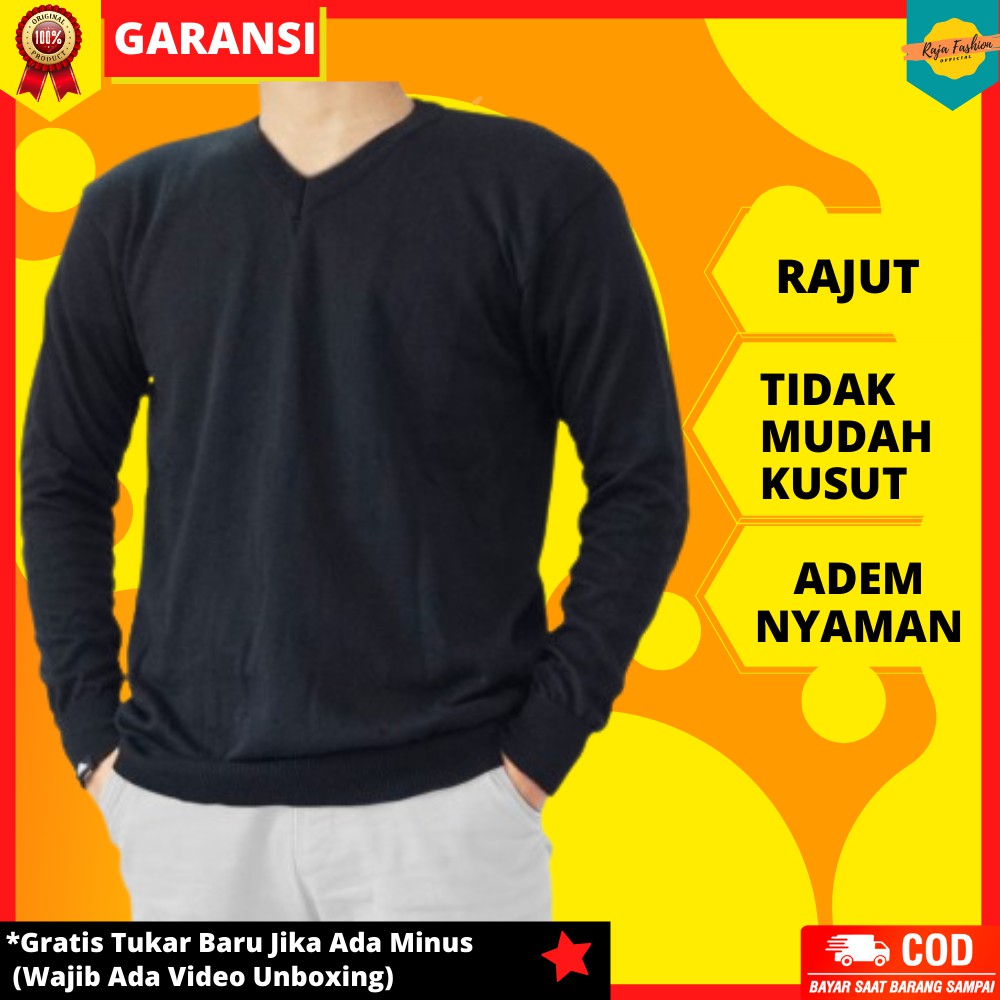 Kaos Rajut Pria Hitam Polos Lengan Panjang  Distro Vneck Cowok Sweater Rajut Katun Tidak Mudah Kusut
