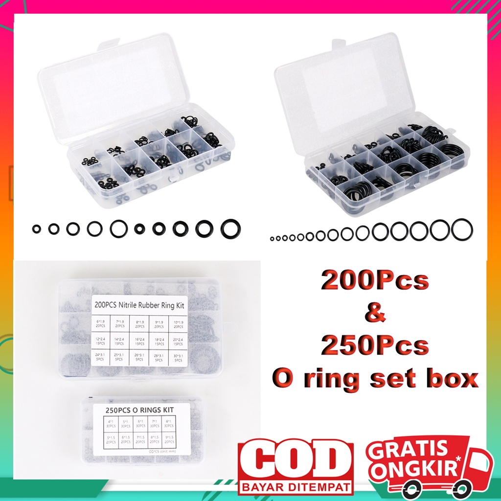 Karet Rubber O Ring Seal Tightening 250 PCS - 200pcs - seal motor - seal mobil - Sealing Ring Gasket Set Kit Box Oil Waterproof - Seal Set Motor Mobil - karet seal mesin