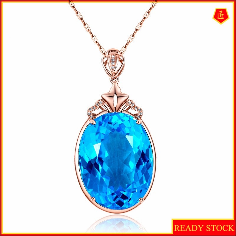 [Ready Stock]Fashion Inlaid Sea Blue Gemstone Pendant 18K Rose Gold Plated Necklace