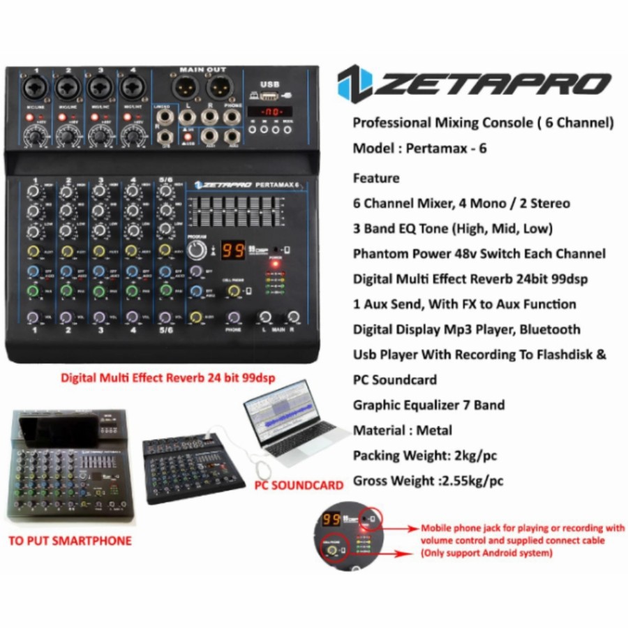 Mixer ZETAPRO PERTAMAX 6 Efek 99Dsp Bluetooth Soundcard Original