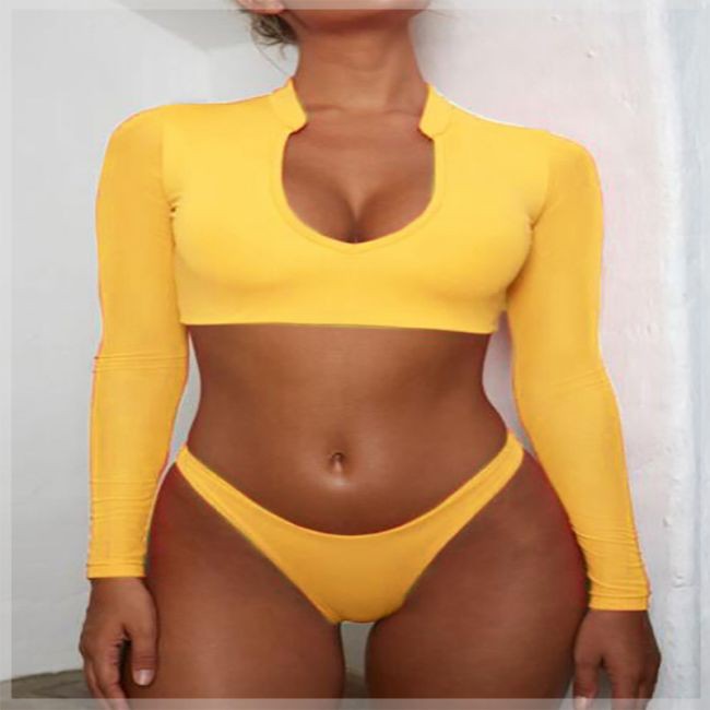 New HETUAF Women Sexy Bikini White Thongs Swimwear Long Sleeve Mesh 2019 Summer Beach Brazil Women