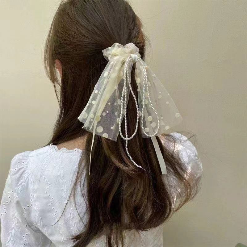 Ikat Rambut with pearl mutiara Scrunchie Daisy Satin Mutiara Silk Pony Tail-7