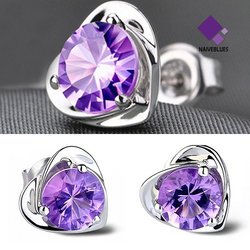 Anting Stud Berlian Imitasi Bentuk Hati Warna Ungu Untuk Wanita