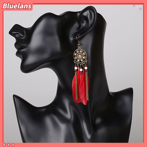 Anting Kait Gantung Panjang Desain Dream Catcher Aksen Rumbai Bulu Gaya Vintage Etnik Bohemia Untuk Wanita