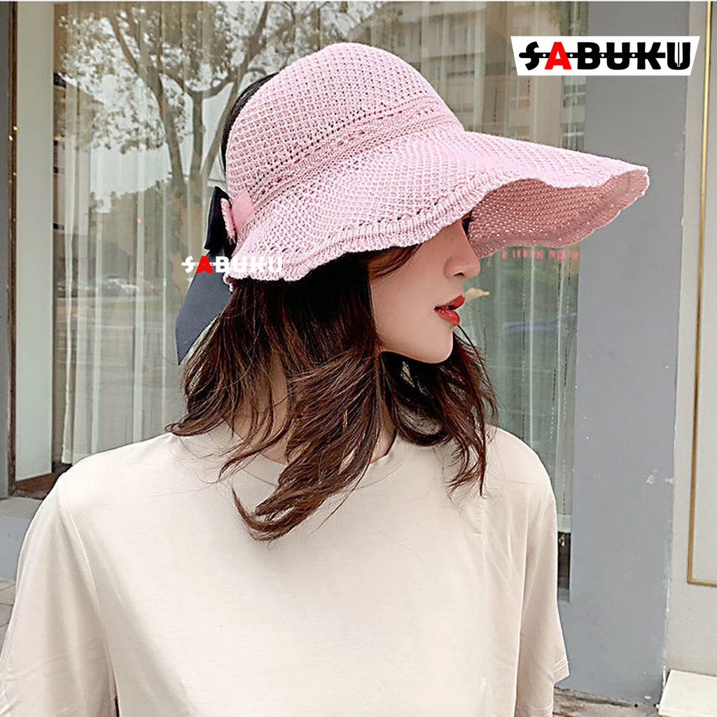 Topi Pantai Rajut Pita Topi Pelindung Sinar Matahar Rajut Sun Visor Hat Topi Visor Lipat Wanita Topi Lebar Fashion Korea - 229