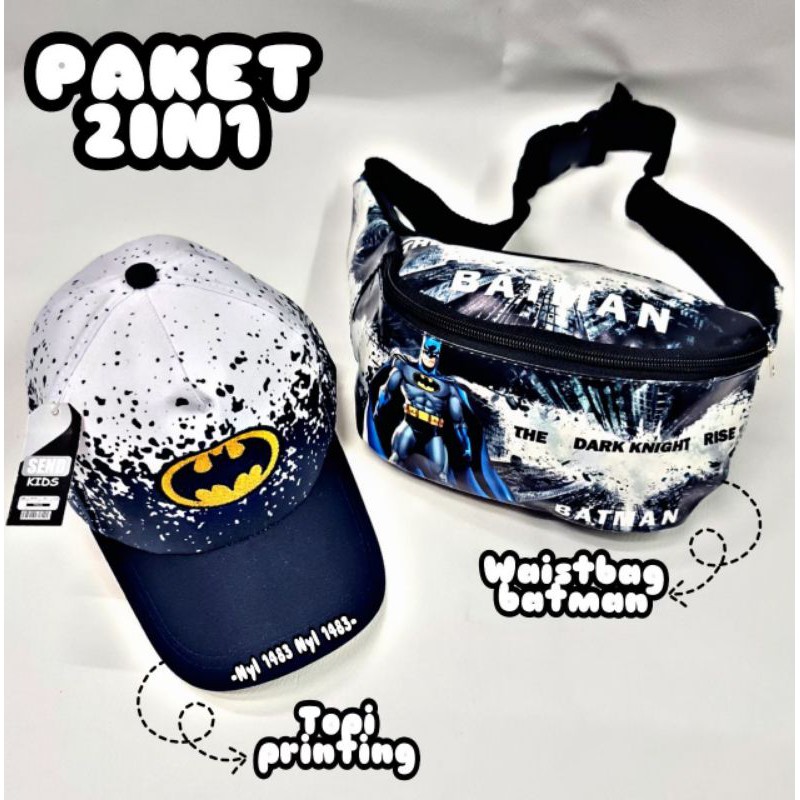 PAKET 2IN1 TAS SELEMPANG WAISTBAG ANAK SUPERHERO/ FREE TOPI KARAKTER