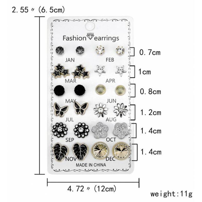 12 Pasang Anting Set Tusuk 12 in 1 Nama Bulan Anting Kristal Fashion Anting Korea Aksesoris