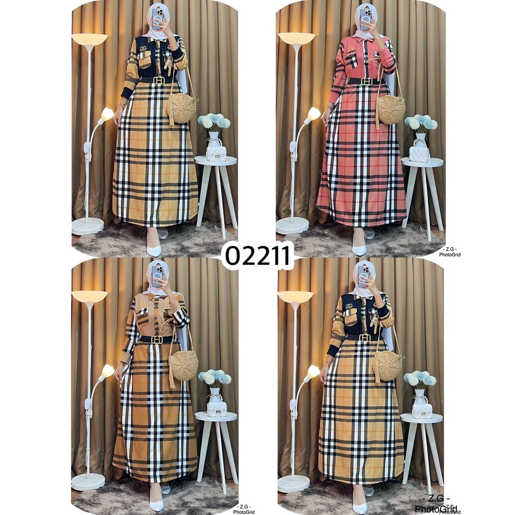 GAMIS BURBERRY KOMBINASI GAMIS BUSUI KOTAK FREE BELT DRESS WANITA MURAH FASHION WANITA