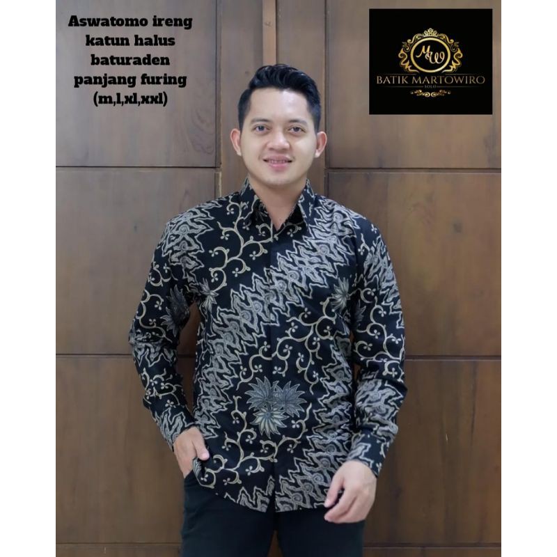 Kemeja Batik Pria Terbaru Warna Hitam Batik Lengan Panjang Bahan Katun Lapis Furing ASWOTOMO IRENG