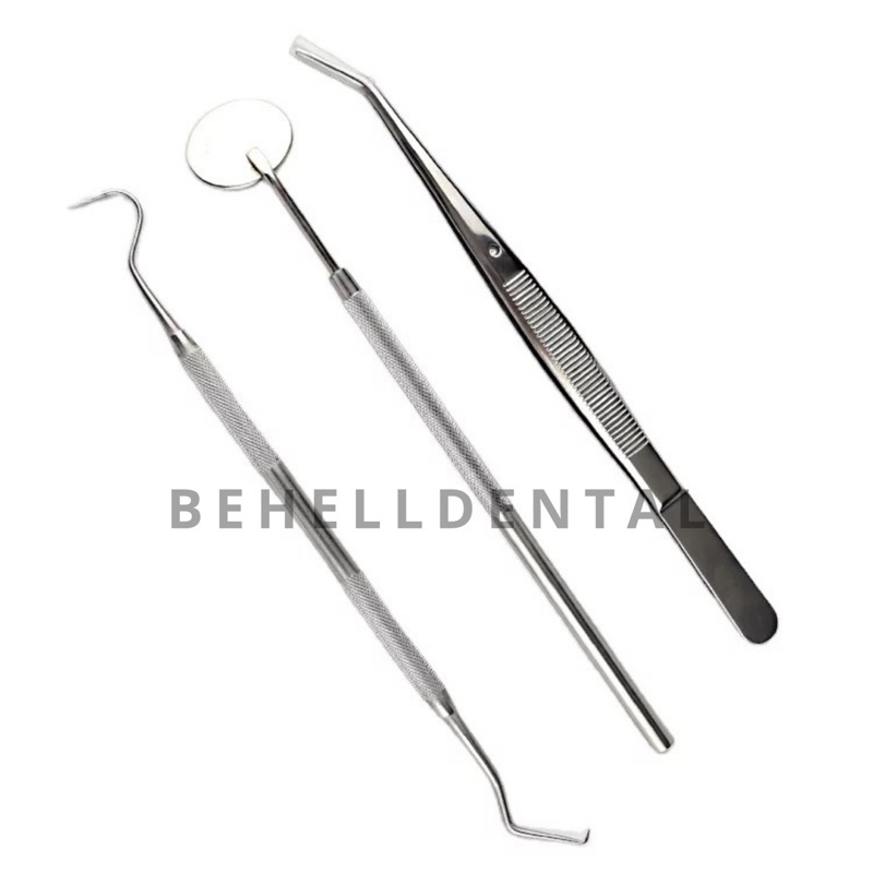 Set Isi 3 Alat Penghilang Plak Karang Tartar Gigi Behelldental / Alat standart dental diagnostic diagnostik kit set pembersih karang gigi isi 3 standar kaca mulut pinset tweezer sonde halfmoon stainless dokter gigi