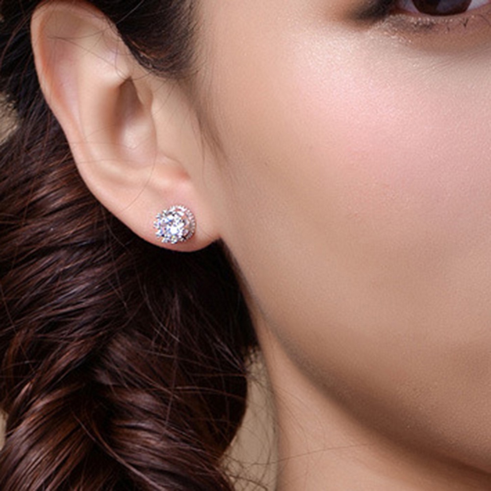 Anting Stud Tindik Lapis Perak Bahan Cubic Zirconia Untuk Wanita