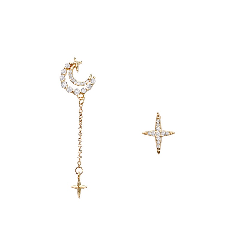 Anting Tusuk Gantung Asimetris Bahan Sterling silver 925 Desain Bulan + Bintang + Zircon Untuk Wanita