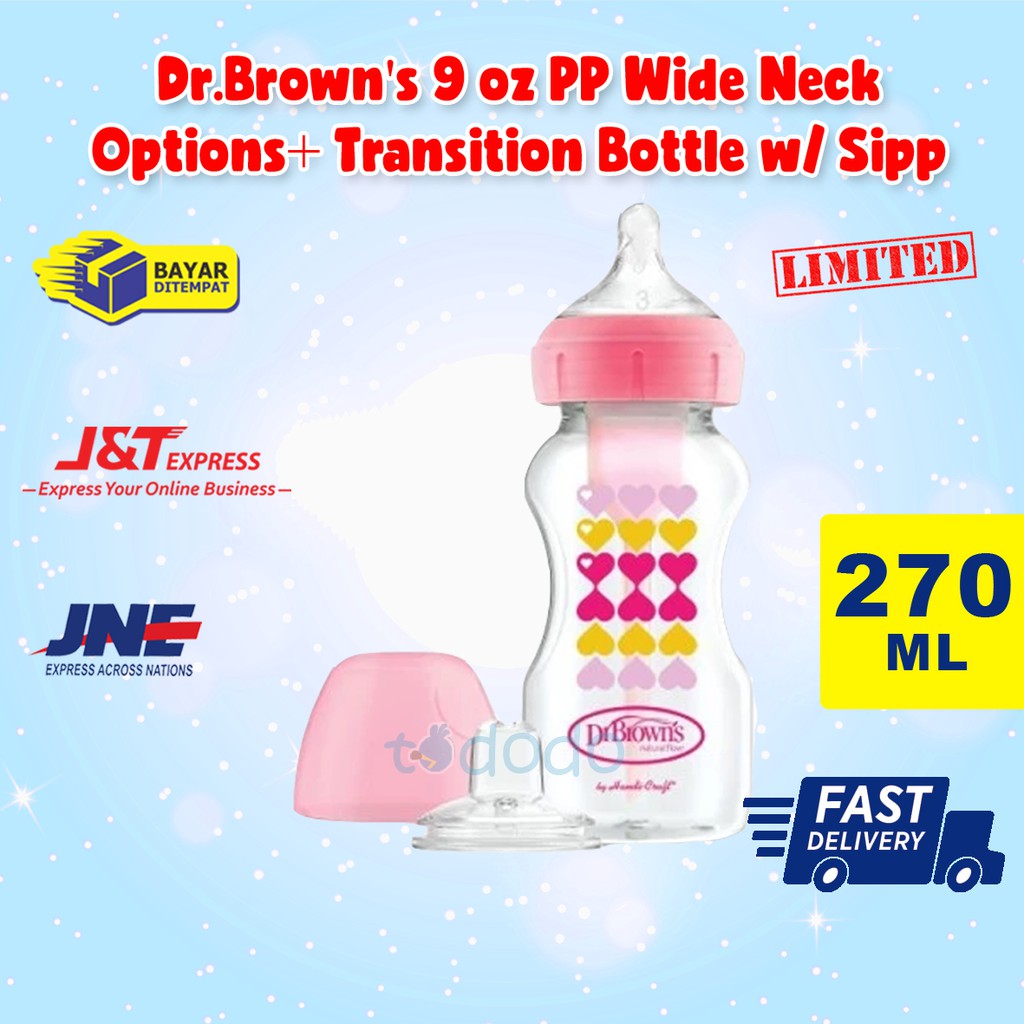 Dr.Brown's 9 oz/270 ml PP Wide Neck Options+ Transition Bottle w/ Sippy Spout - Botol susu