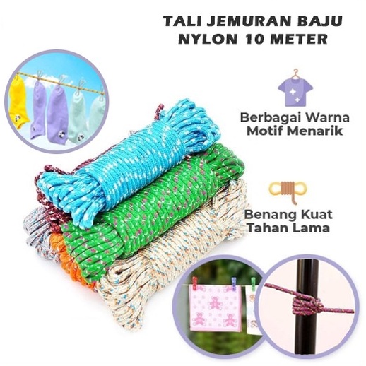 Tali Jemuran Baju - Tali Jemuran Nylon 10m Anti Slip Ikat Tambang Kemah Camping Nilon 10 Meter Clothesline Kuat