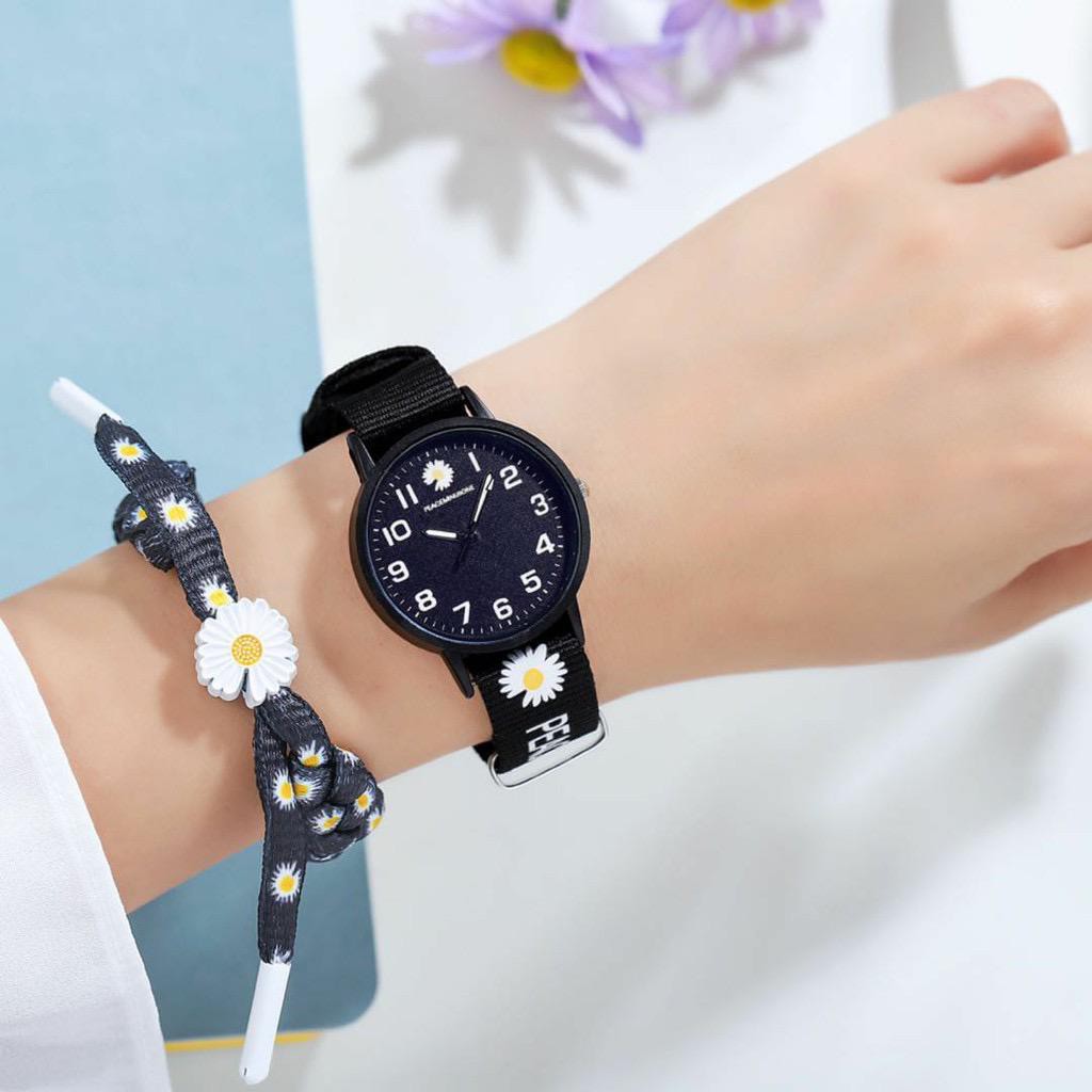 Jam Tangan Wanita Bunga Quartz Analog Motif Bunga Daisy Bahan Nilon Kanvas Women Watch Couple Pria JT002-HITAM BUNGA ATAS