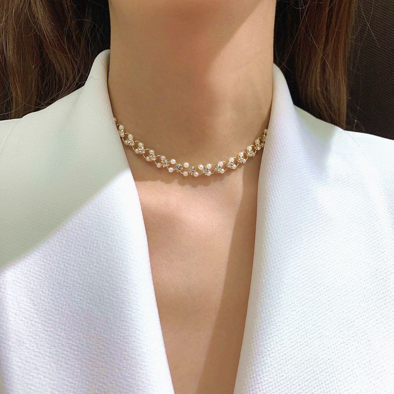 Korean Elegant Pearl Necklace Retro Fashion Choker Necklace Gold Chain Women Accessories Jewelry Gift