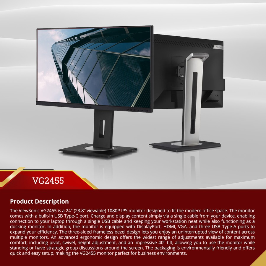 Monitor led viewsonic 24 inch IPS Type-c-displayport-vga-hdmi-Usb-b 3.0-Usb-a 3.0 fhd 1080p vg2455