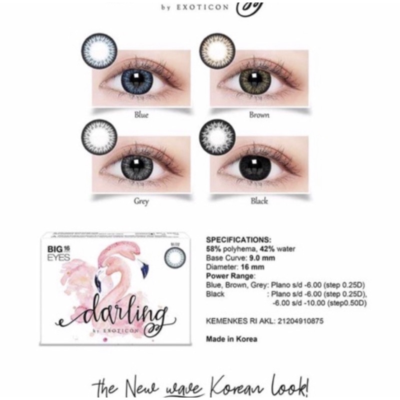 Softlens Darling by Exoticon MINUS BLACK dan GREY dia 16mm (BIG EYES)