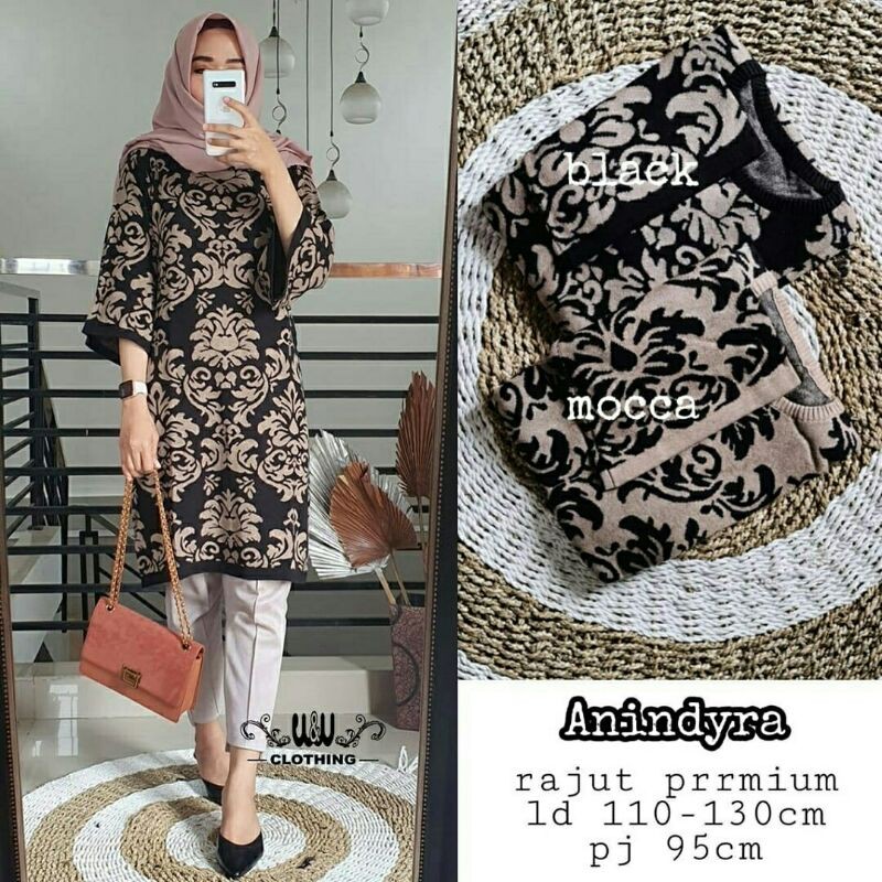 Anindyra Tunik Mocca Black Long Tunic Bahan Rajut Jumbo Wanita Muslim Motif Batik Muslimah Terlaris