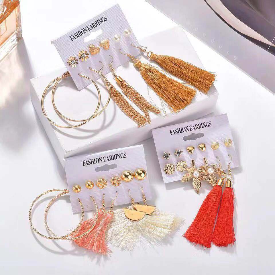 （COD）6 Pasang / Set Anting Tusuk Aksen Berlian Imitasi Gaya Boho Retro untuk Fashion Import Wanita