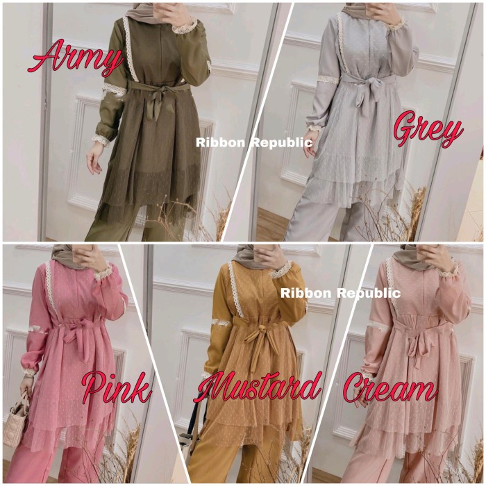 Baju Celana Setelan Tunik Panjang Renda Gamis Muslim Wanita Casual Pesta Seragaman Sahabat Keluarga