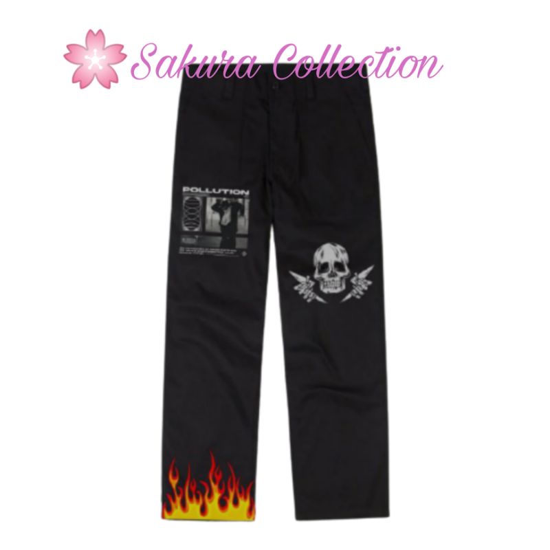 LONG PANTS CHINOS / Tengkorak / Motif Api terbakar BLACK ON FIRE Celana Panjang Pria Wanita Dewasa