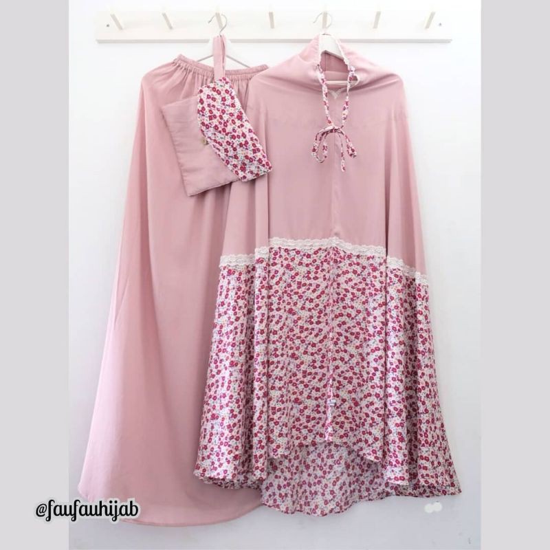 Mukena faufau butik Asilah Twotone bunga kecil Dusty Pink (A)
