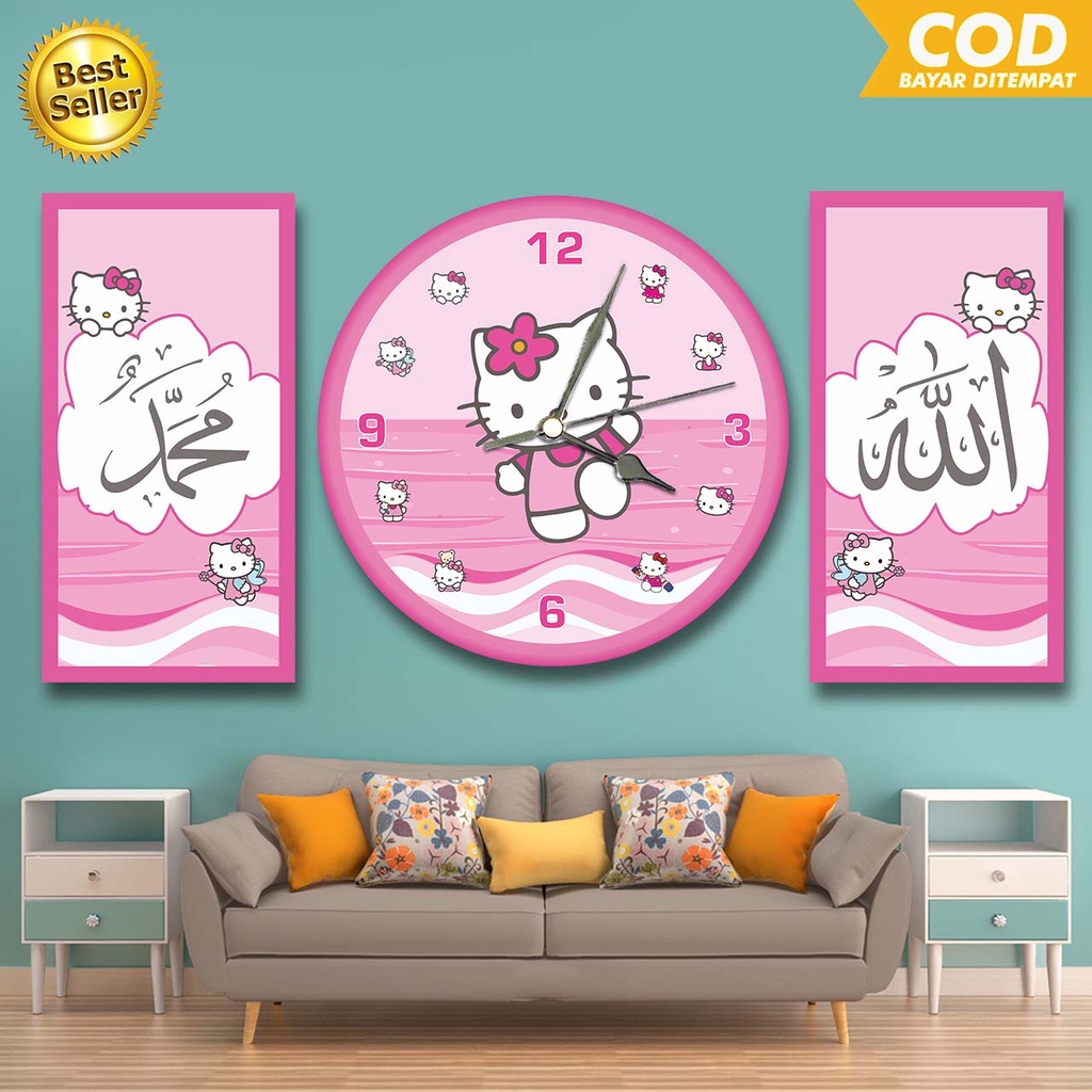 JAM DINDING KARAKTER HELLO KITTY SET / JAM DINDING KALIGRAFI HELLO KITTY / JAM LUCU / HIASAN DINDING