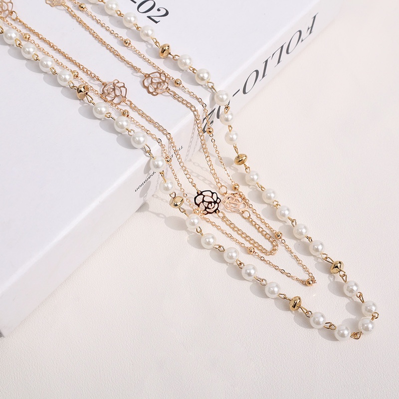 Kalung Rantai Panjang Multilayer Desain Bunga Mawar Kecil Aksen Mutiara Air Tawar Untuk Aksesoris Sweater