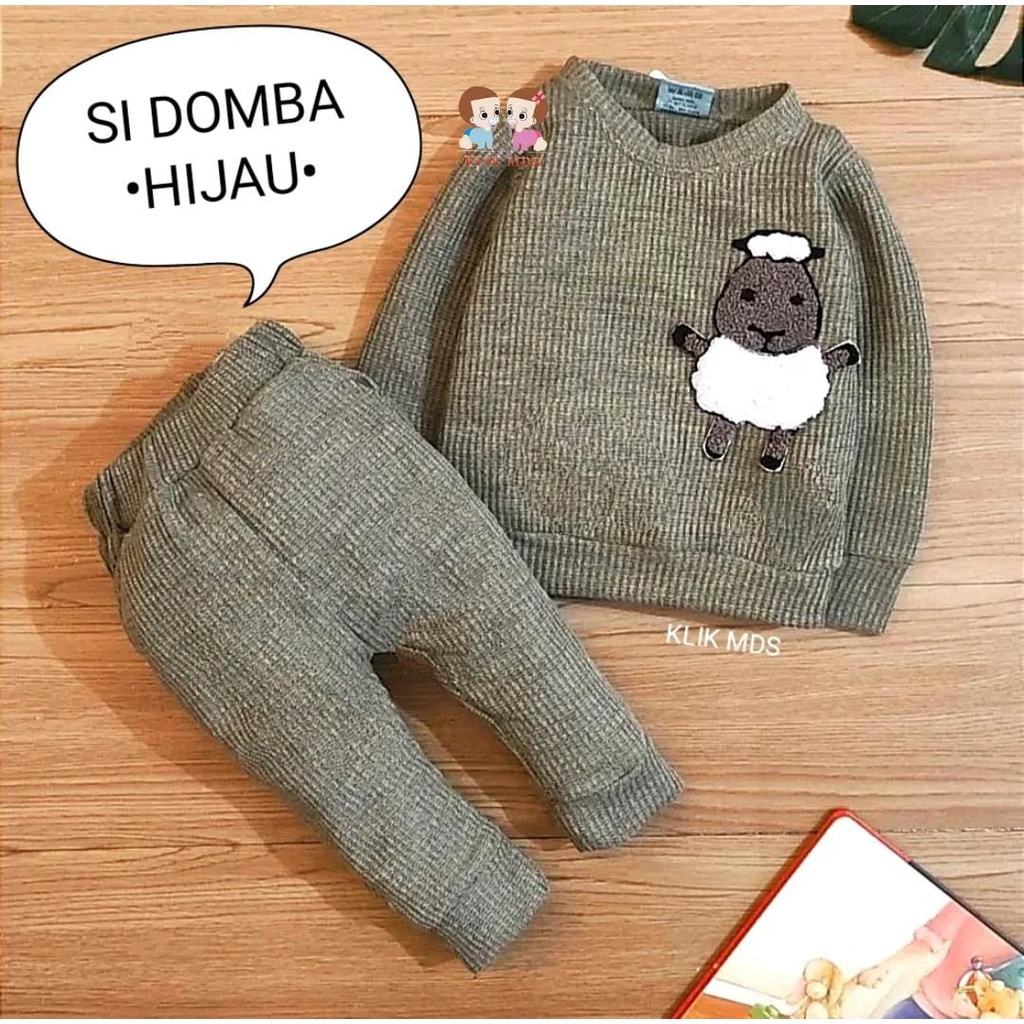 Setelan Anak - Baju Bayi Laki - Laki model Sweater Tangan Cowok Panjang Celana Panjang Bahan Waffle Motif Si Domba