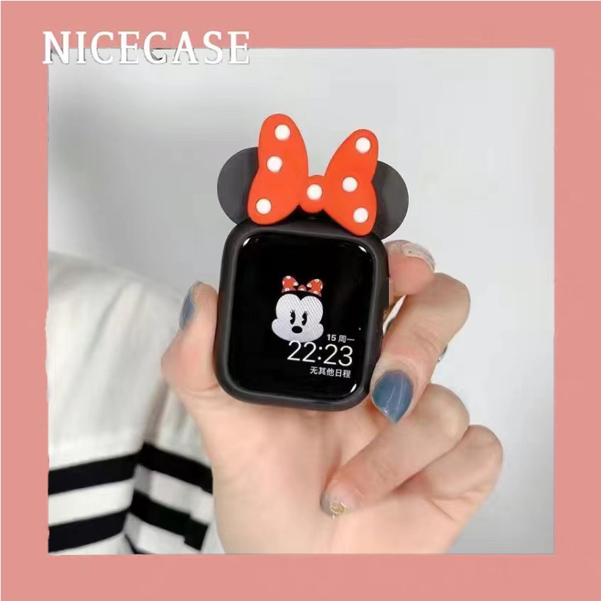 Bumper Penutup Silikon Lembut Kartun minnie Untuk Apple Watch SE 7 6 5 4 3 2 1 41mm 45mm 44mm 40mm 38mm 42mm Case Pelindung Kartun Lucu Untuk Aksesoris iWatch